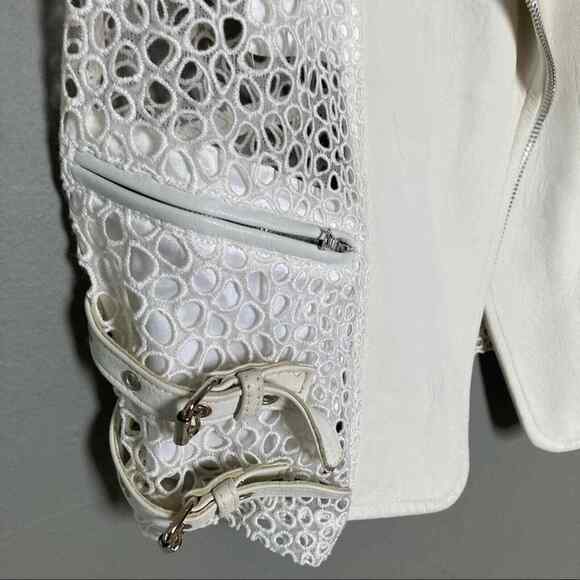 Yigal Azrouel Moto Jacket Size 4 All Over Netting Crochet Lace Leather white - Picture 8 of 11